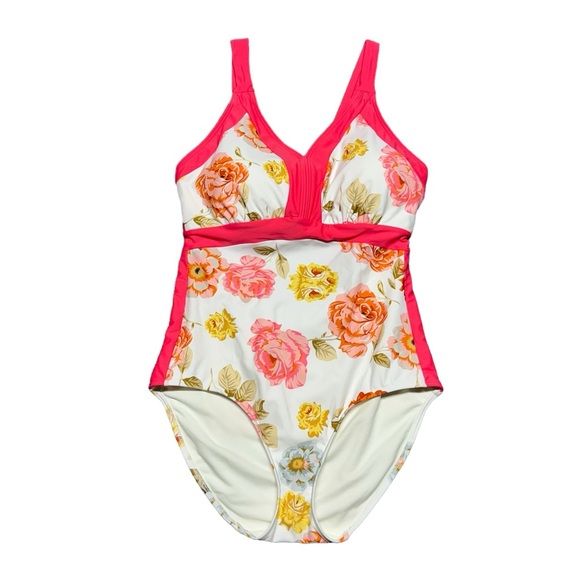 DM Fashion Floral V-Neck Color Block One Piece Swimsuit Womens Size XXL Pink - Picture 1 of 12
